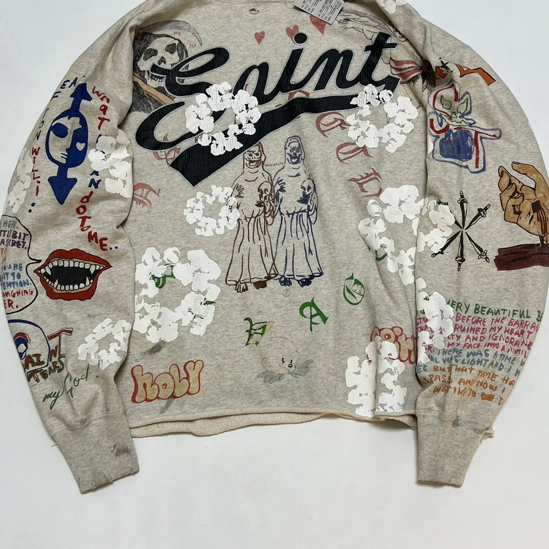 DENIM TEARS × ©SAINT M×××××× "SAINT TEARS" Graffiti Hoodie Joint Model Cotton Graffiti Hoodie Fully Printed Washed Distressed Holes Vintage Sweatshirt Gray S-XL Super Heavy Duty! The whole piece is printed with 35 screens and counterpoint printing!